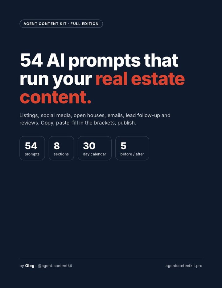 Cover of Agent Content Kit: 54 AI prompts that run your real estate content